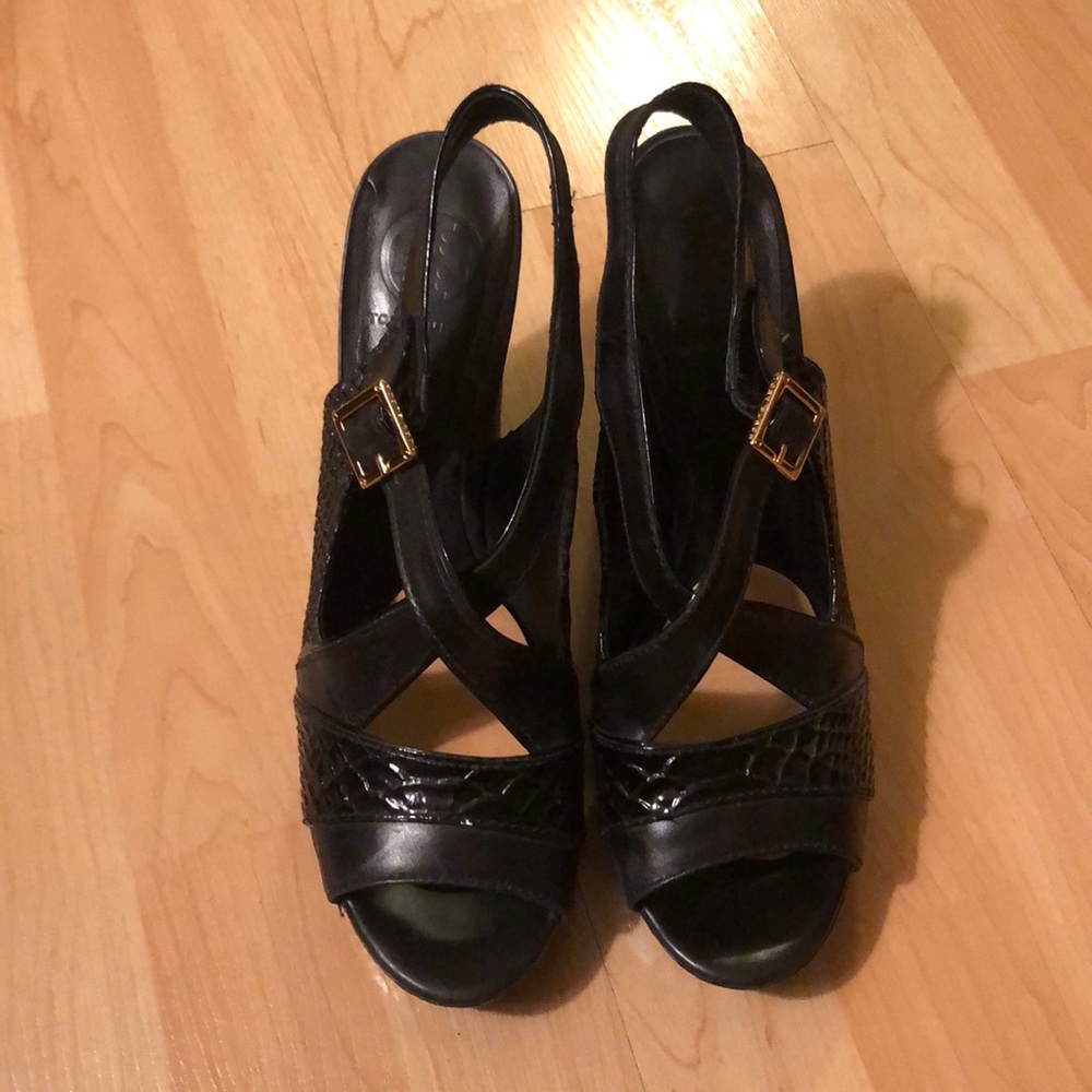 Tory Burch Black leather open toe platform heels